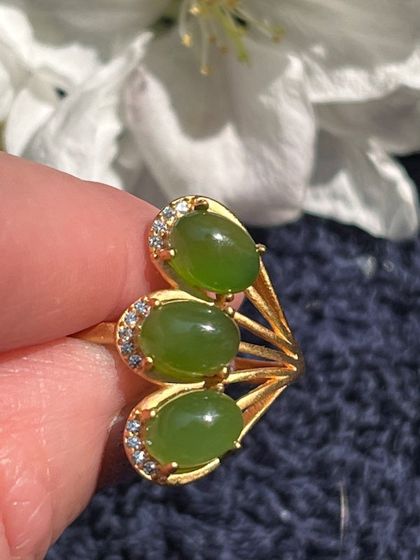 Ring, 3 Oval Jades in teardrop design, Band is sterling silver, gold plated.
