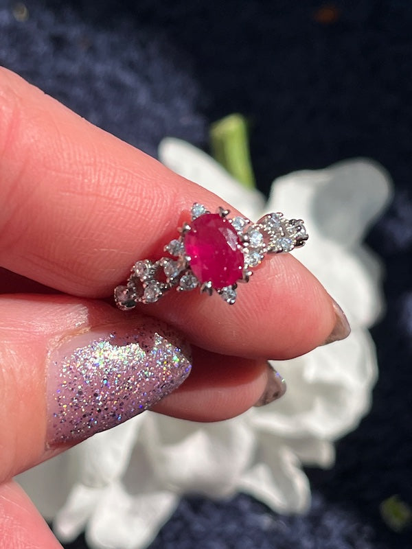 Natural ruby with cz accents in sterling silver adjustable ring