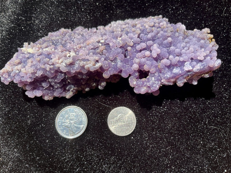 Size comparison of number 1 grape agate display to coins