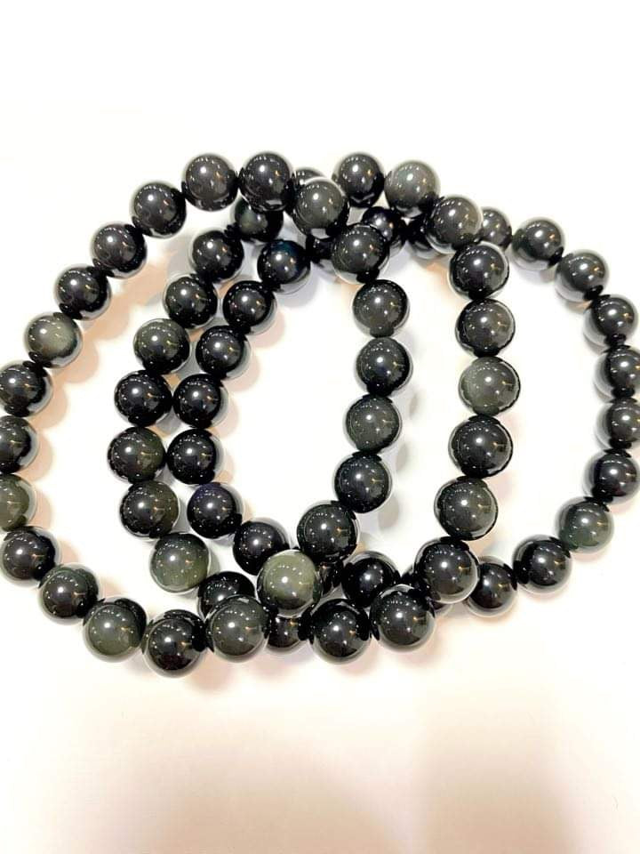 Bracelet, Silver Obsidian and 9 mm beads