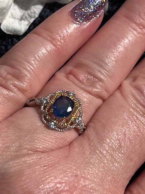 Oval natural sapphire sterling silver ring with cz and gold accents