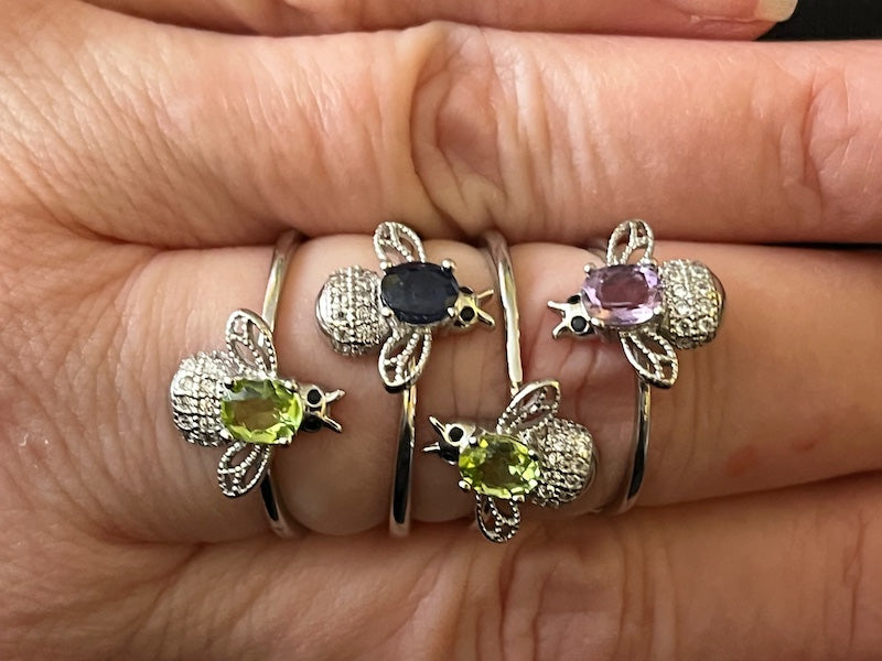 Sterling Silver Ring, Bee Ring, peridot, amethyst or black spinel