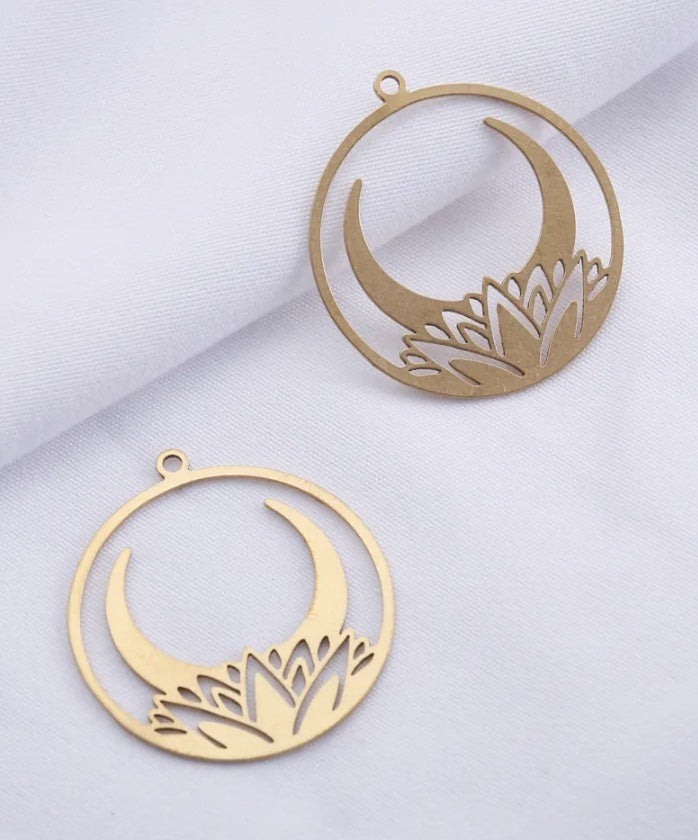 Brass Blank Lotus Moon Pendant for Powder Coating or Jewelry making, 2 pack