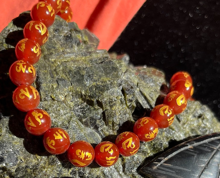 Orange Carnelian beads for DIY projects, with 6 symbols of buddha in gold