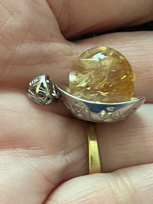 Pendant, Charm Natural Citrine Sphere in sterling silver ingot design