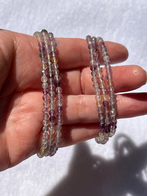 Flourite, faceted colourful beads, 3mm with 4 laps and a magnetic clasp.