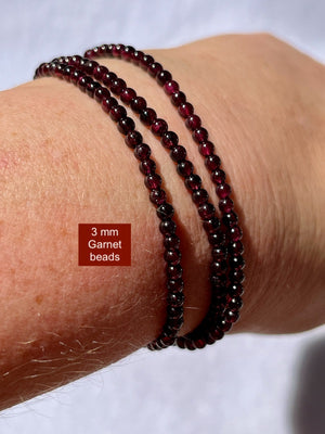 Bracelet, garnet round beads, 3mm stones