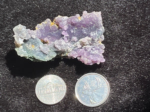 Grape agate small crystal specimen back photo with coin comparison for size
