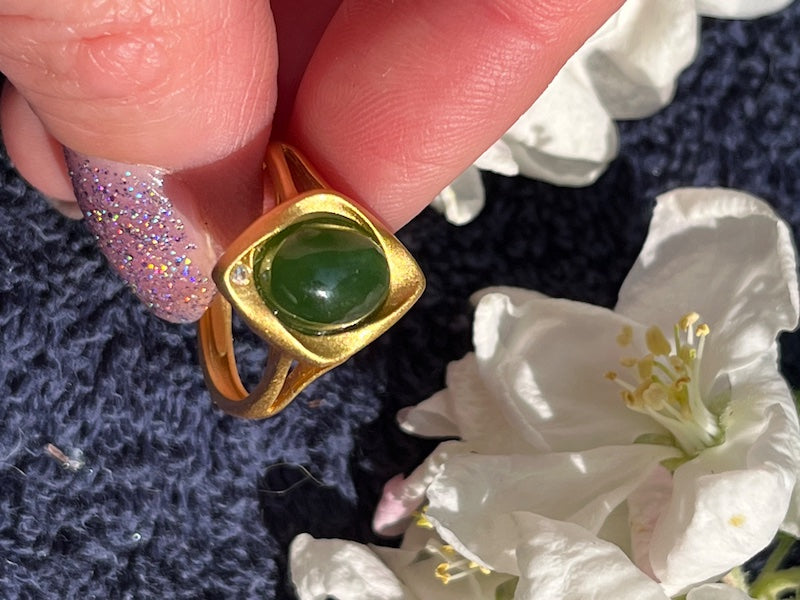Dark green jadite sterling silver gold plated ring