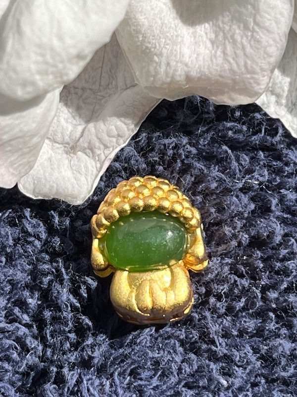 Pendant, Charm of cute buddha,  Jade face, the rest is sterling silver gold plated.