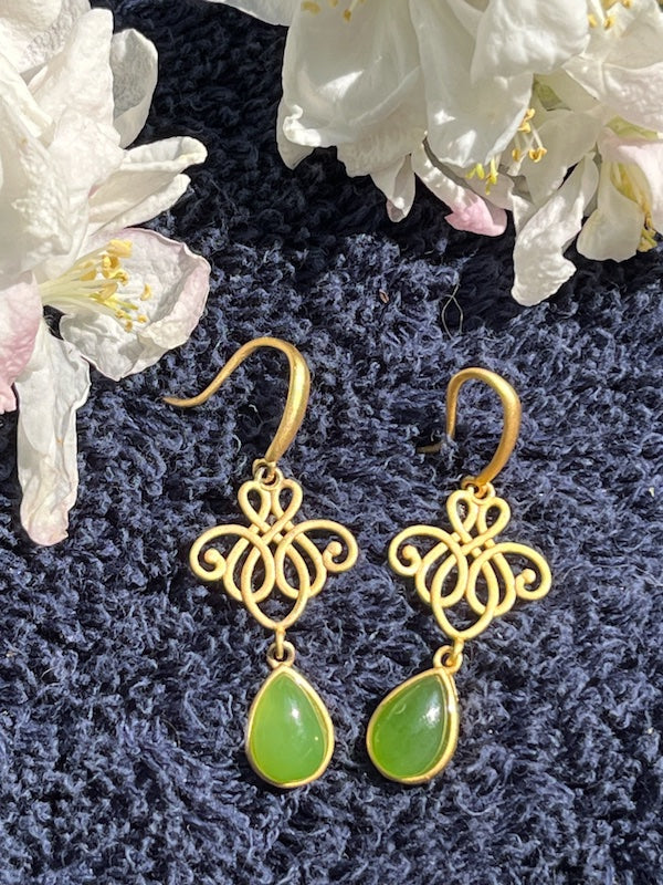 Earrings, dangling Hetian Jade teardrop, Gold plated sterling silver hooks