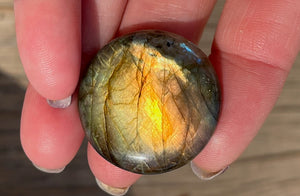Labradorite Round Cabochons with vering Blue, orange, yellow and purple flash.