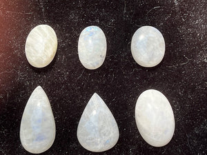 Moonstone, Group of cabochons sale, white with blue flash cabochons, 33.5 grams