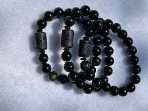Bracelet, Rainbow Obsidian and 10 mm beads with long cylinder bead of phoenix or dragon