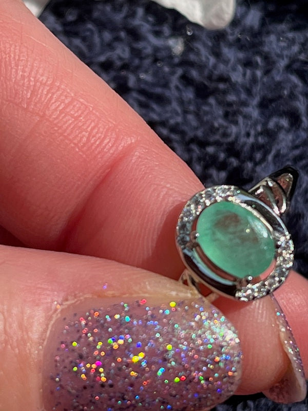 Natural oval emerald and cz sterling silver ring