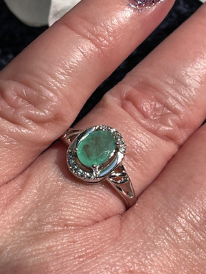 Natural oval emerald and cz sterling silver ring