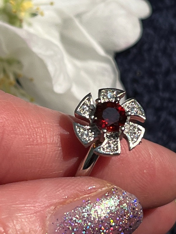 Silver plated garnet spinner ring