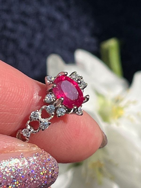 Natural ruby with cz accents in sterling silver adjustable ring