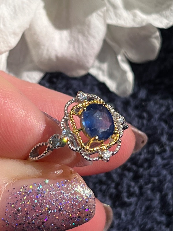 Oval natural sapphire sterling silver ring with cz and gold accents