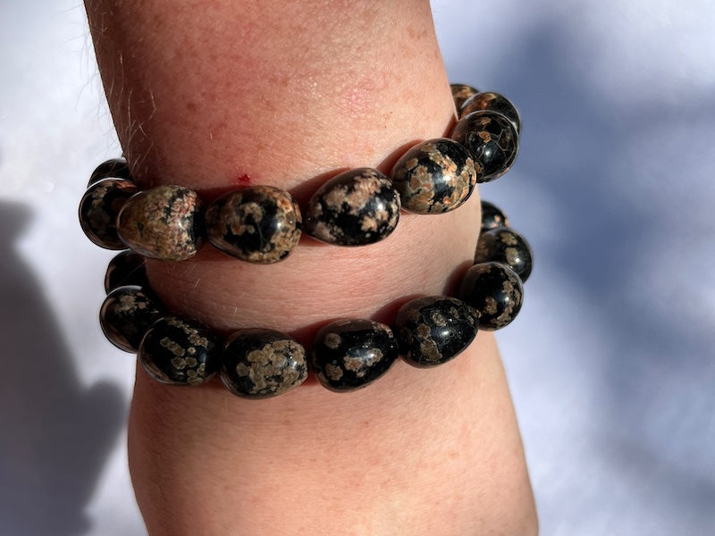 Bracelet, snowflake obsidian, approx bead size 13 x 11.