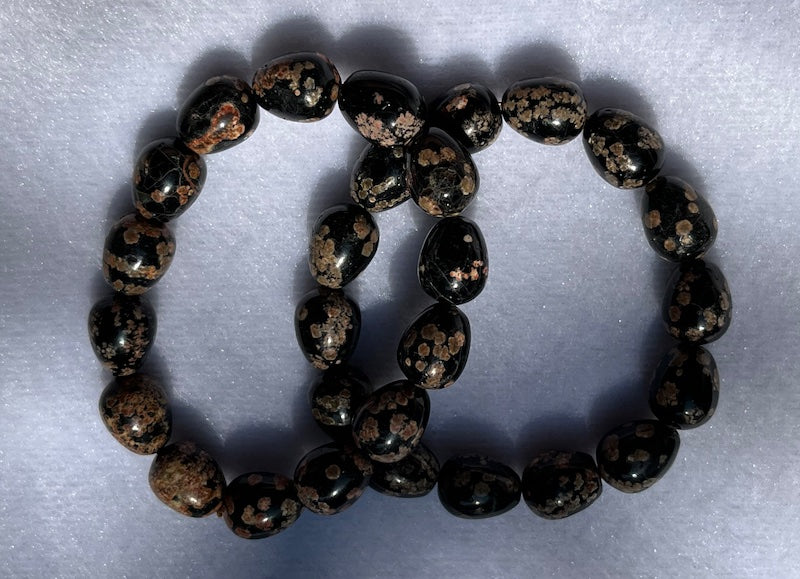 Bracelet, snowflake obsidian, approx bead size 13 x 11.