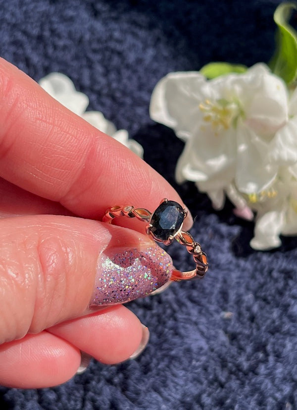 Ring, Black Spinel 5x7mm, wave pattern with delicate czs set in sterling silver plated rose gold