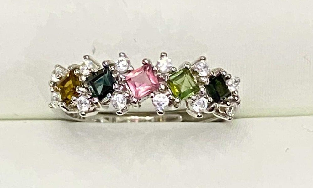Multi coloured square faceted tourmaline sterling silver ring