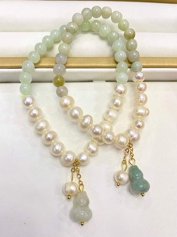 Bracelet, Hetian Jade with pearl beads, Jade HULU (lucky gourd)