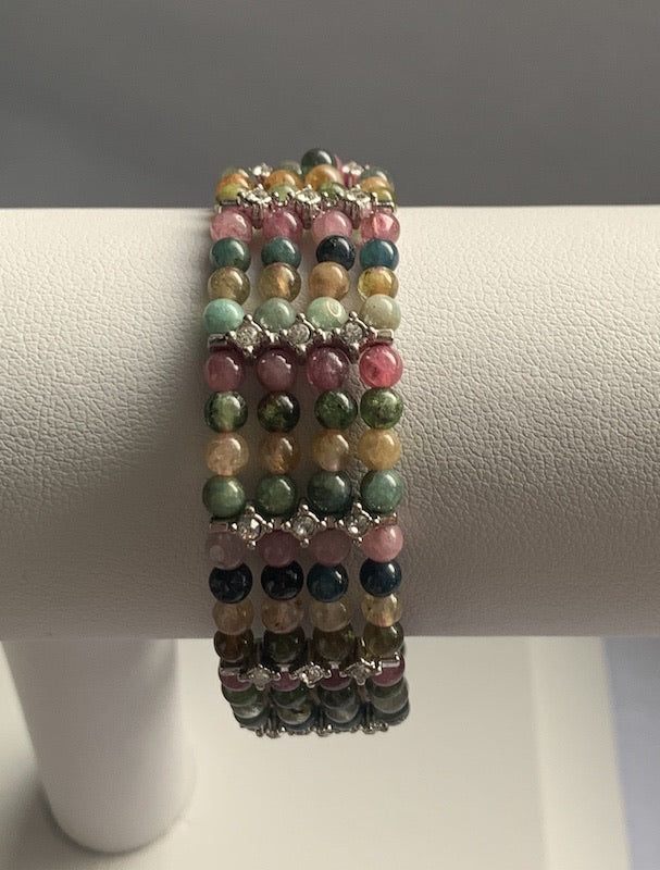 Bracelet, tourmaline, pink, green, blue and gold mix of colourful beads.