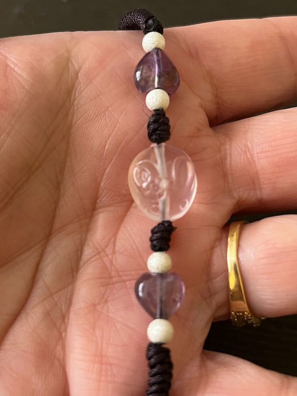 Red String Bracelet, with Rose Quartz Rabbit, amethyst hearts and sterling silver beads