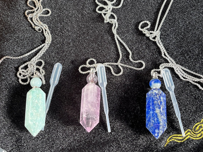 Perfume Bottle Necklaces, Various gemstone, with chain and dropper