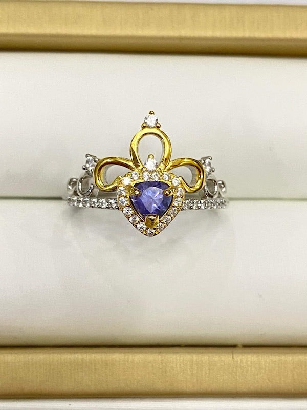 Ring, Blue Tanzanite crown ring in sterling silver with gold accent