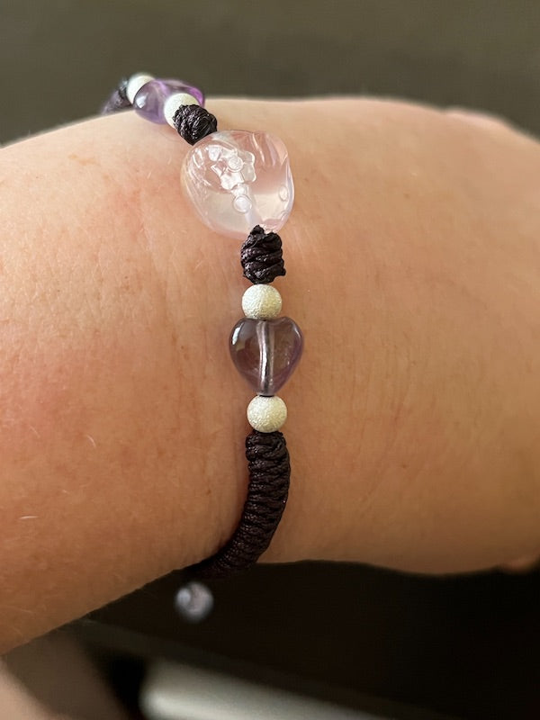 Red String Bracelet, with Rose Quartz Rabbit, amethyst hearts and sterling silver beads