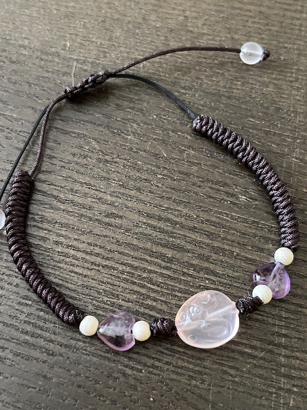 Red String Bracelet, with Rose Quartz Rabbit, amethyst hearts and sterling silver beads
