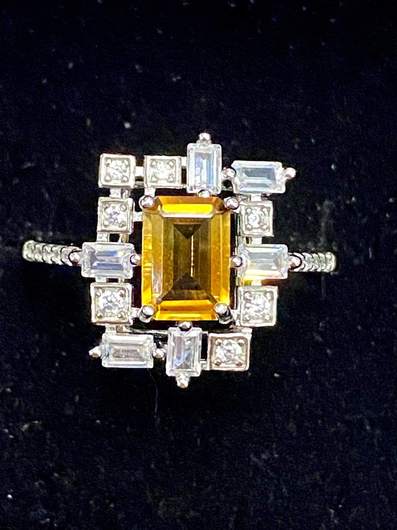 Ring, Natural Dark Rectangle Citrine with CZ accents  set in sterling silver.