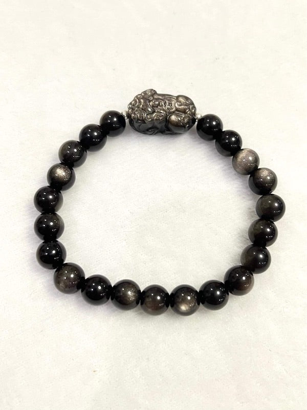 Bracelet, Silver Obsidian Pixiu and 8.5 mm beads
