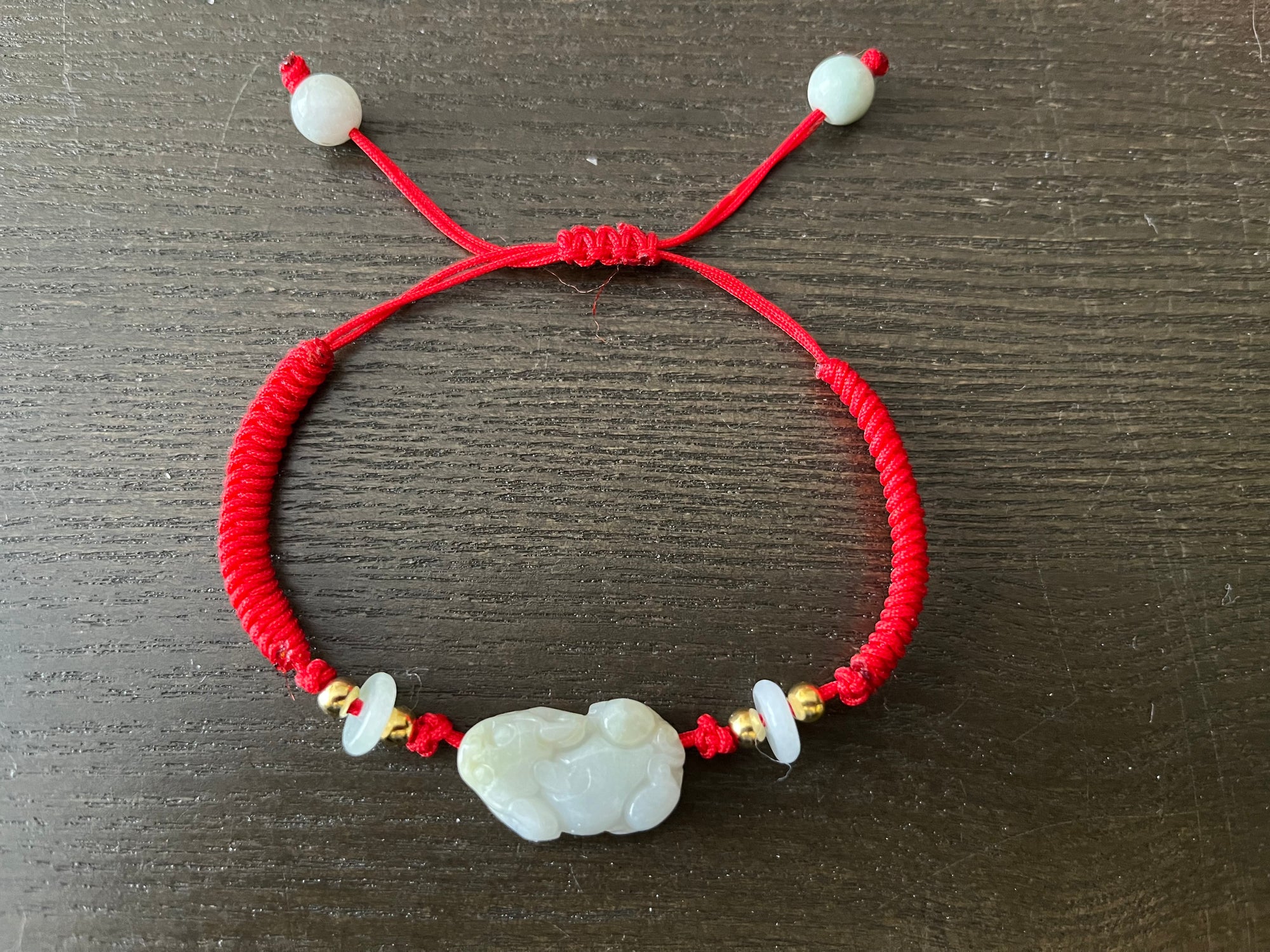 Red String Bracelet, with Jade Pixiu and beads with gold plated silver beads