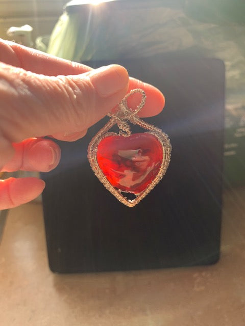 Carnelian Heart, wire wrapped pendant, Bronze and fine silver.