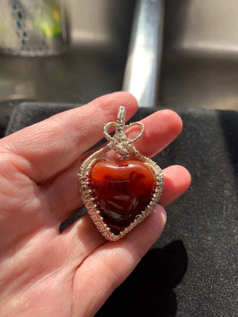 Carnelian Heart, wire wrapped pendant, Bronze and fine silver.