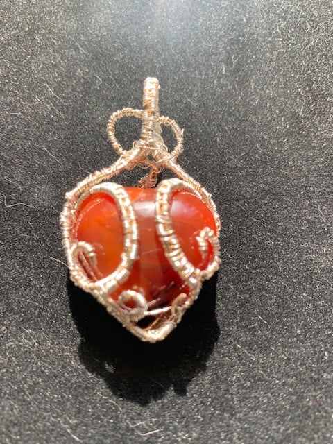 Carnelian Heart, wire wrapped pendant, Bronze and fine silver.