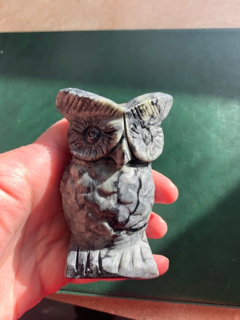Spider Web Jasper Owl carving. Large 4" owl