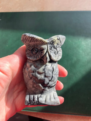 Spider Web Jasper Owl carving. Large 4" owl