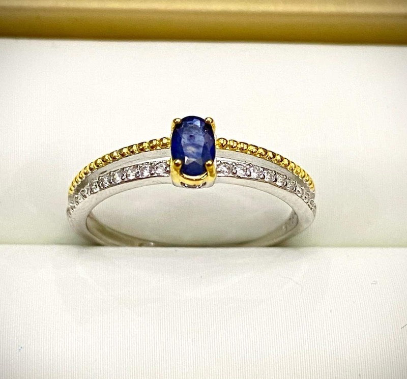 Ring, Blue Oval Tanzanite with double band one in silver and one in gold plate