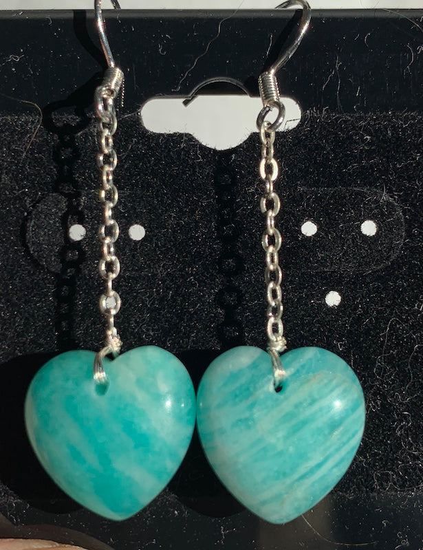 Amazonite heart shaped dangle earrings, sterling silver