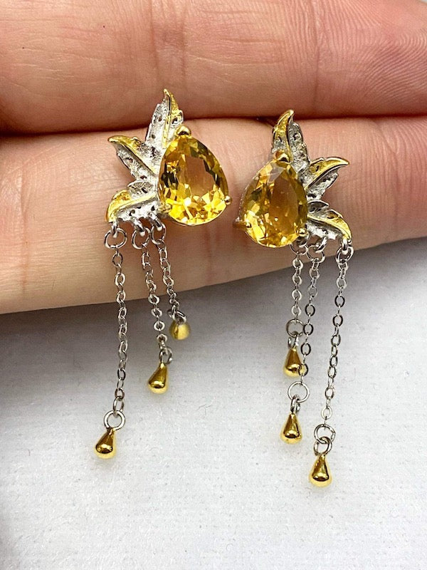 Earrings, Natural citrine with leaf accents in sterling silver and 18 karat gold