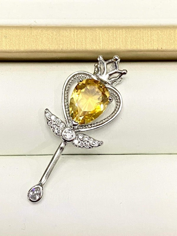 Pendant, Real Citrine with crown and wing designed charm