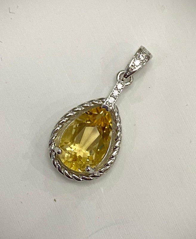 Pendant, Natural dark Teardrop Citrine with CZ accent set in sterling silver