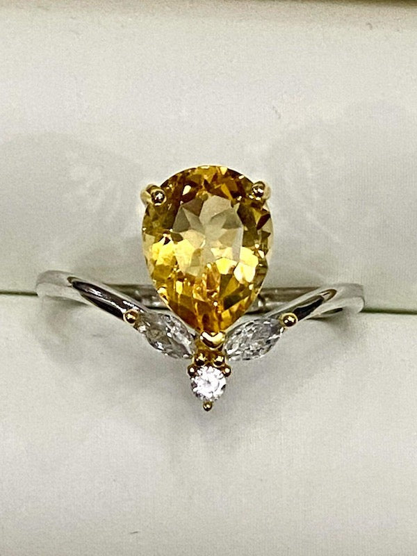 Ring, Natural Dark Citrine, teardrop with CZ accents  set in sterling silver.