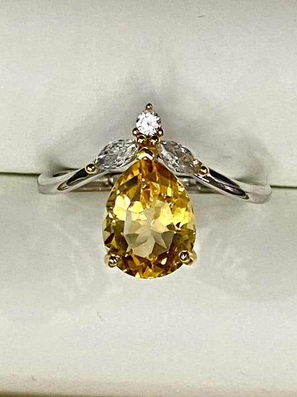 Ring, Natural Dark Citrine, teardrop with CZ accents  set in sterling silver.