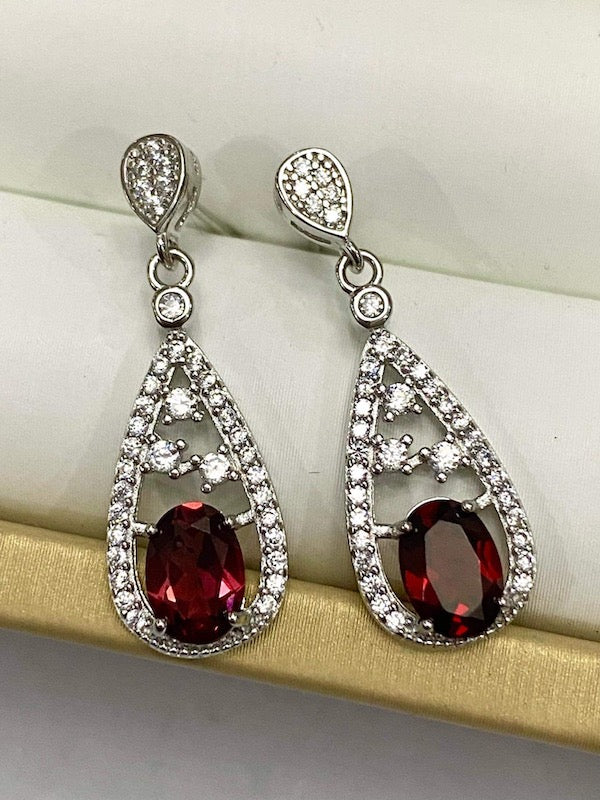 Earrings, Garnet teardrops set in sterling silver